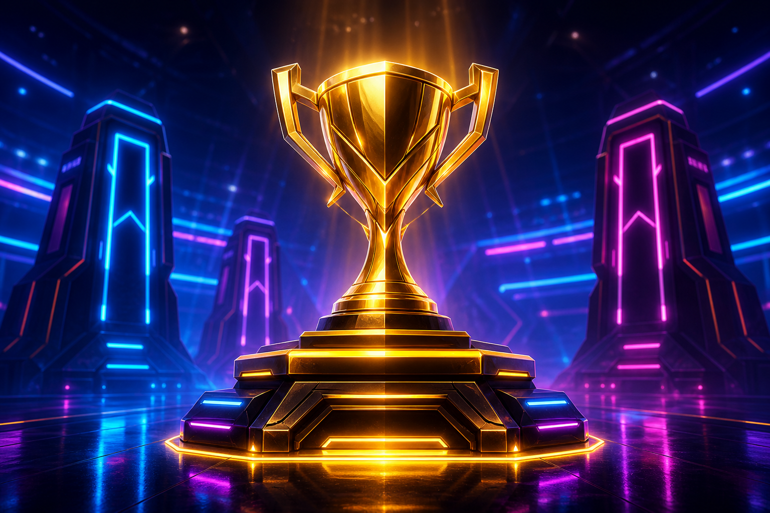 Gold trophy rising over a neon arcade podium
